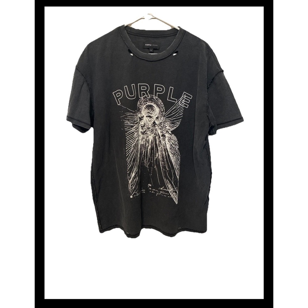 Purple Brand Mens Angel Graphic T-Shirt Faded Black Distressed Raw Seam Large